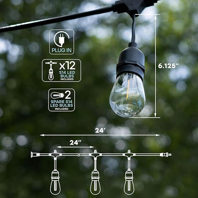LUXRITE 24FT LED Outdoor String Lights, Commercial Grade Waterproof, 12 Edison S14 Shatterproof Bulbs, IP65, Decorative Hanging for Patio, Backyard, Garden, Cafe, Balcony