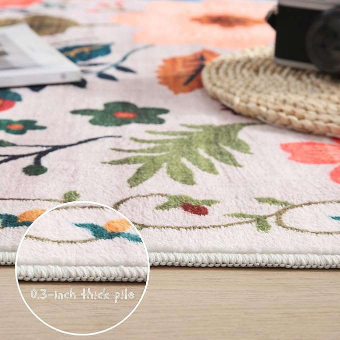 Living Room Rug 6x9 Rug Machine Washable Boho Area Rug Non Slip Floral Vintage Low Pile Large Rug for Living Room, Bedroom, Farmhouse, Dining Room, Kids Playroom(Beige)