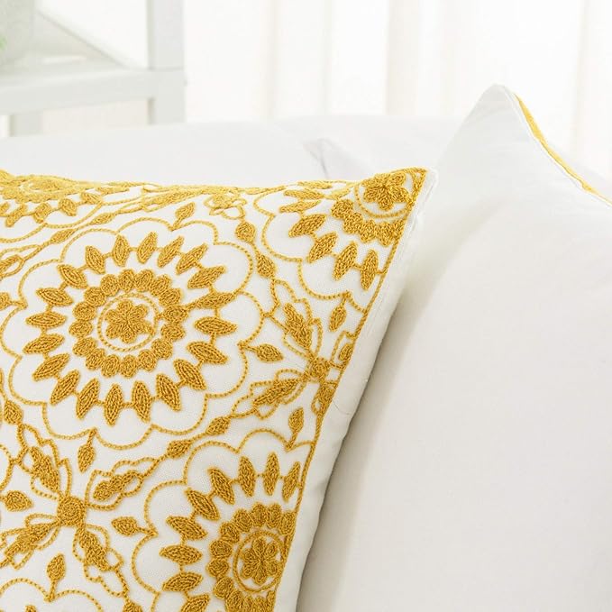 HWY 50 Mustard Yellow Decorative Throw Pillow Covers 18x18 Inch, Pack of 2 Embroidered Cotton Farmhouse Cushion Cover Pillow Case for Sofa Couch Living Room Bed Bedroon, Little Sunflower Design