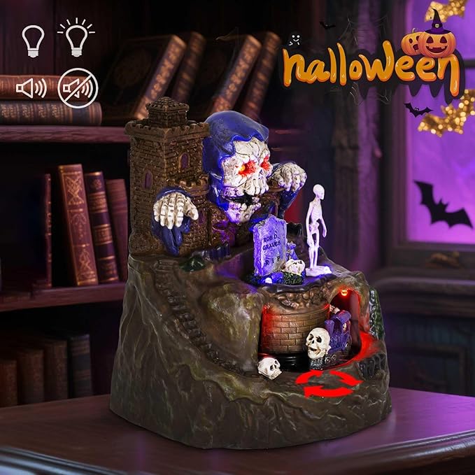 innodept12 Animated Halloween Small Village House - Moving Train and Skull Ghosts Tombstones Figurines with Pre-Lit Spooky Voice, Battery Operated, Not Including