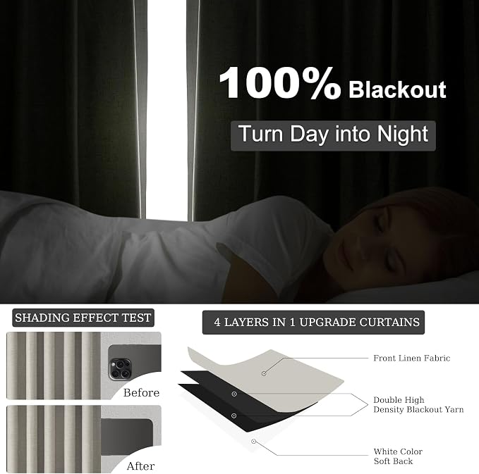 Topfinel 92 Inch Linen 100% Blackout Curtains 2 Panels - Image 6