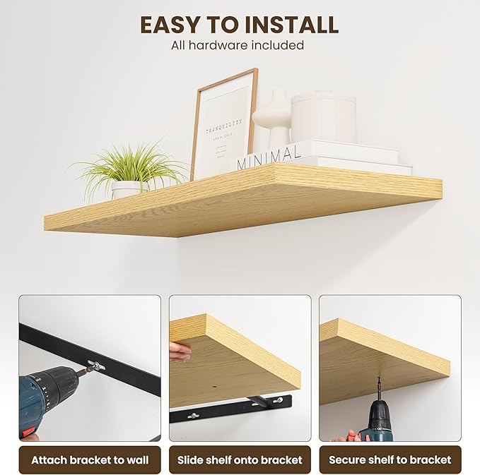 30" Floating Shelves for Wall, 12" Deep Slim Oak Floating Shelves, Wall-Mounted Shelves for Bedroom, Living Room, Kitchen, Bathroom - Set of 2
