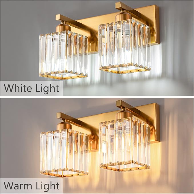 Modern Bathroom Vanity Light 2-Lights Gold Crystal Bathroom Wall Light Vanity Light Fixtures，12.59-inch Modern Minimalist Design