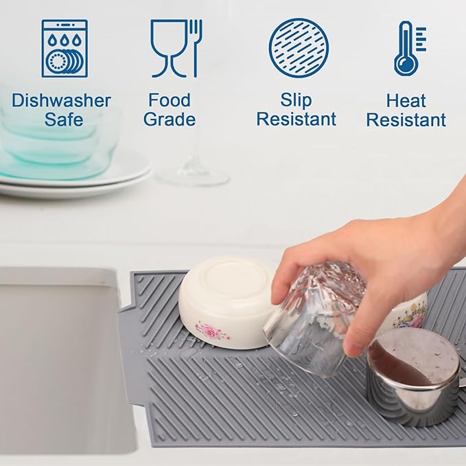 Silicone Dish Drying Mat for Kitchen Counter, 15''x 10'' Drying Mat with Drain Lip, Non-Slip Dish Drainer Mats with Built-in Drain, Heat Resistant Drain Pad on Countertop, Gray