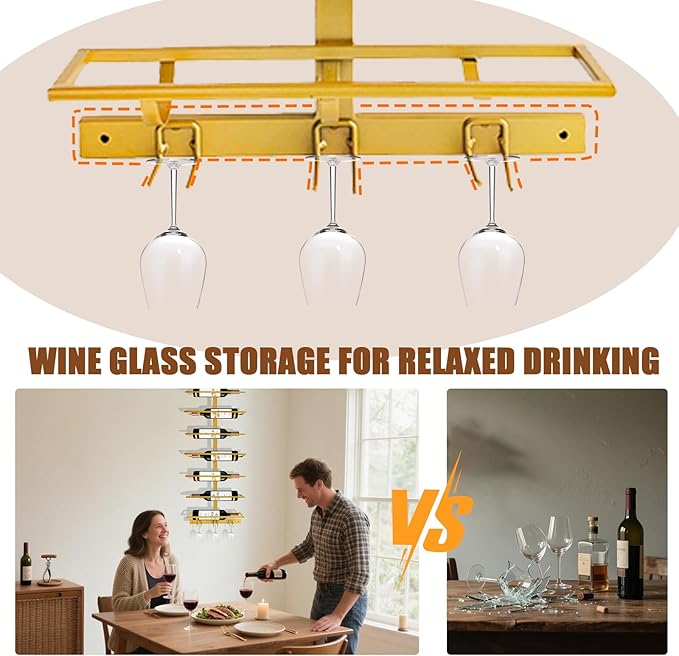20 Bottle Wall Mount Wine Rack with Wine Glass Holder, Metal Wine Wall Rack, Wall Racks for Wine Bottles Display and Storage, Hanging Bottle Organizer for Living Dining Room Wine Cellar Bar (Gold)