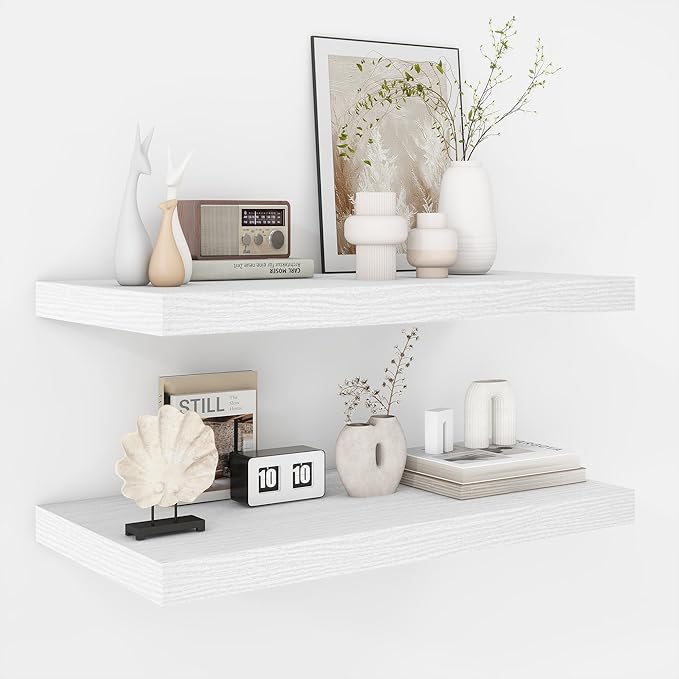 Fun Memories Floating Shelves - 2 Pack 12 Inch Deep Rustic Wooden Wall Shelves - Extra Deeper & Thicker Wall Mounted Storage Shelf for Living Room, Kitchen, Farmhouse - 24" W x 12" D x 1.5" H - White