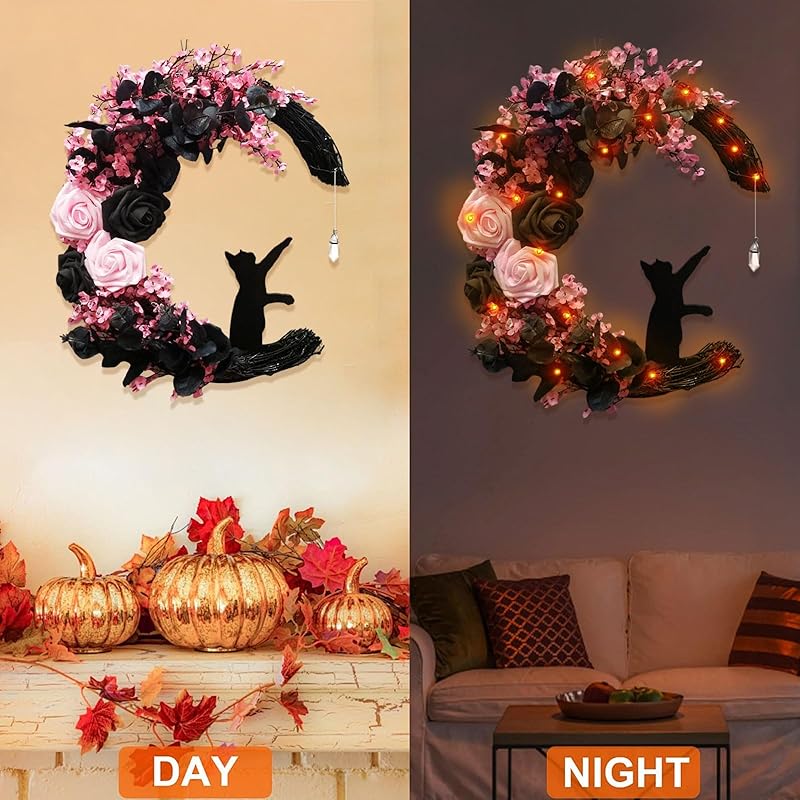 Halloween Wreaths for Front Door with Lights, Black Cat on Moon Garland with Rose Wreath Decor, Halloween Decorations Crescent Moon Wreath for Home Party Window Wall Indoor Outdoor (pink moon cat)