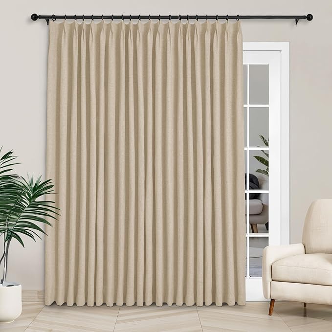 Macochico 120”Wx102”L 100% Blackout Linen Curtains Pinch Pleated Thermal Panels for Sliding Door Bedroom Living Room Farmhouse Shabby Chic Sand Beige Burlap Curtains with Tieback 1 Panel