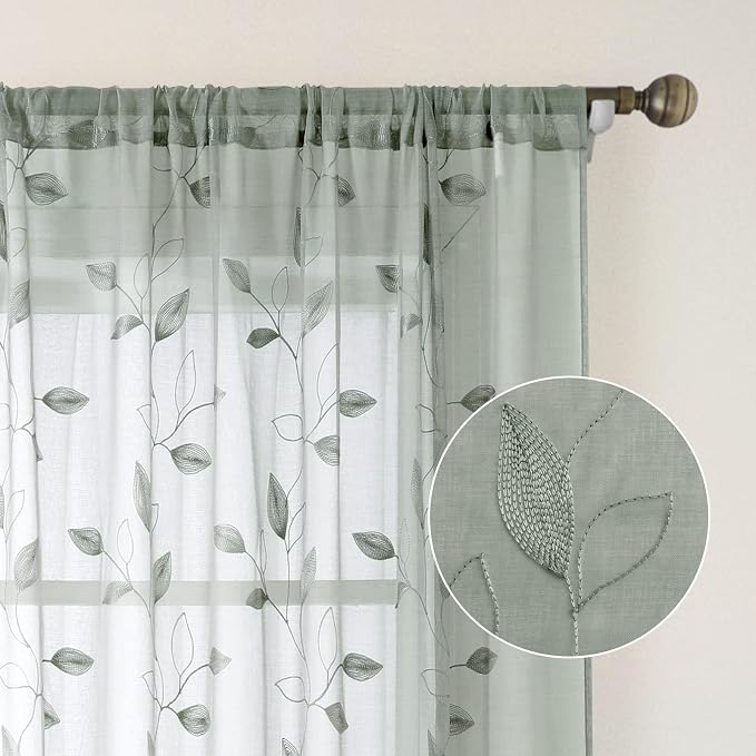 HOMEIDEAS Sage Green Sheer Curtains 52 X 84 Inches Long 2 Panels Embroidered - Image 5