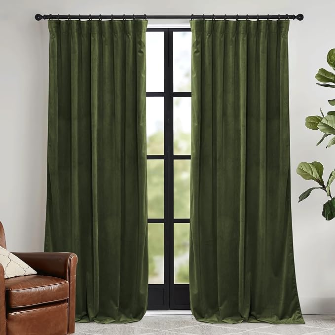 RYB HOME Green Velvet Curtains 108 inch, Solid Room Darkening Window Curtains by RYBHOME