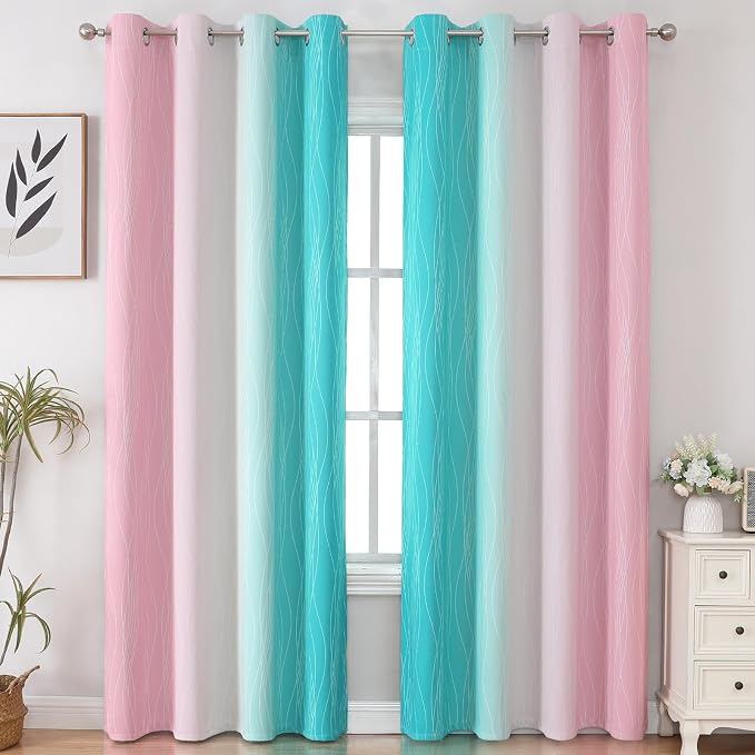 Estelar Textiler Pink and Teal Blackout Curtains 102 Inch Length 2 Panels Set - Image 2