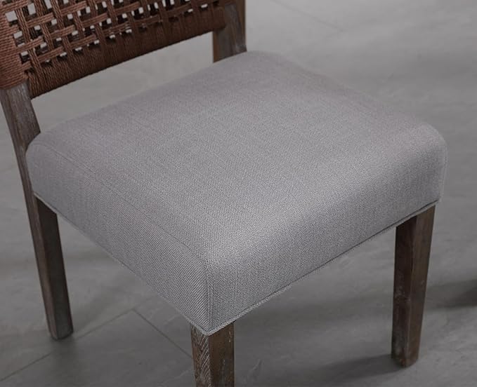 Kmax Farmhouse Dining Chairs Set of 2, Rustic Kitchen Chairs with Linen Fabric Seat and Woven Back, Vintage Accent Chairs for Dining Room, Living Room, Grey