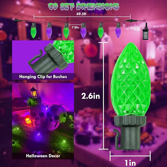 Extendable Purple and Green 2PK 100 LED C9 Halloween Lights Indoor Outdoor Waterproof, 98FT Super Bright C9 String Lights 13 Modes with Timer for Tree Patio Party Garden Halloween Decorations