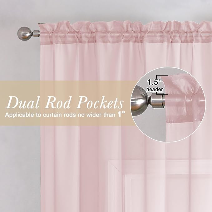 Blush Pink Sheer Curtains 63 Inch Length 2 Panels, Light Filtering Window Voile - Image 2