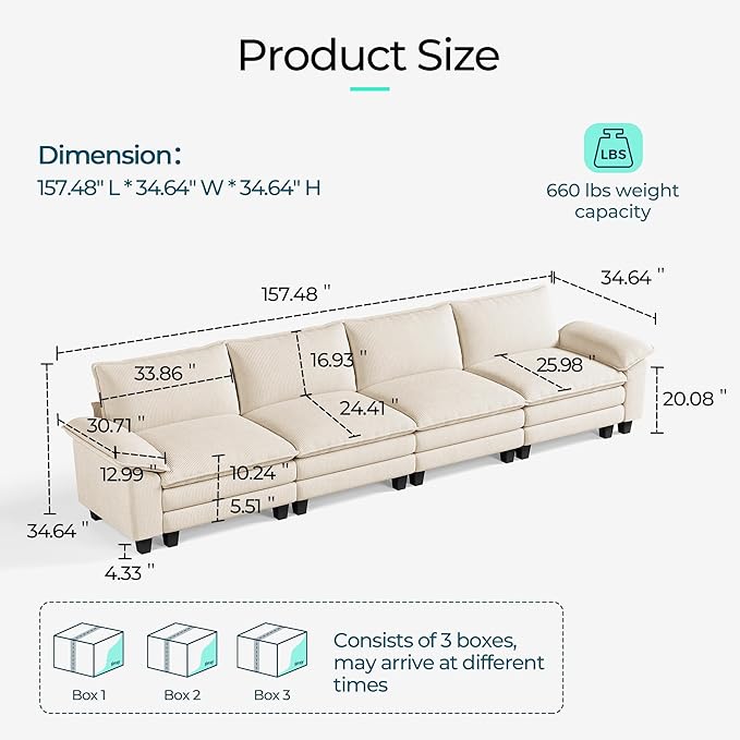 LINSY HOME Oversized Sectional Sofa - 157'' Oversized Corduroy Cloud Couch Deep Seat Modular Sofas Soft Modern Comfy Couches Furniture for Living Room Apartment Office, Beige