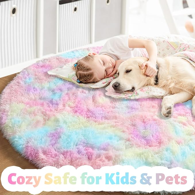 Amdrebio Rainbow Unicorn Pastel Round Circle Rug 5Ft - Image 2