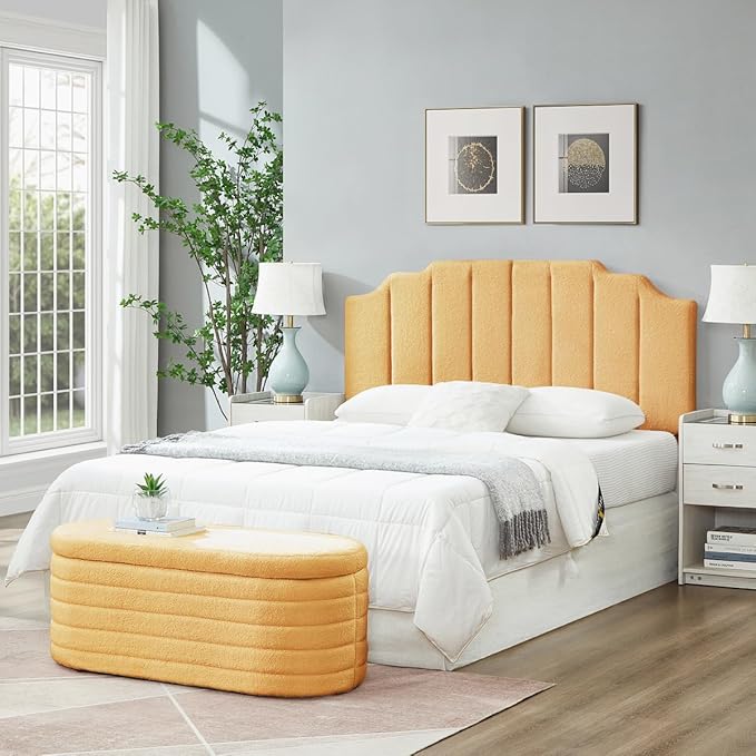 24KF Yellow Teddy Fabric Tufted for Queen Upholstered Headboard, Modern Vertical Channel Design Full Headboard with Stepped Silhouette Top Edge,6026-Q-Teddy Yellow
