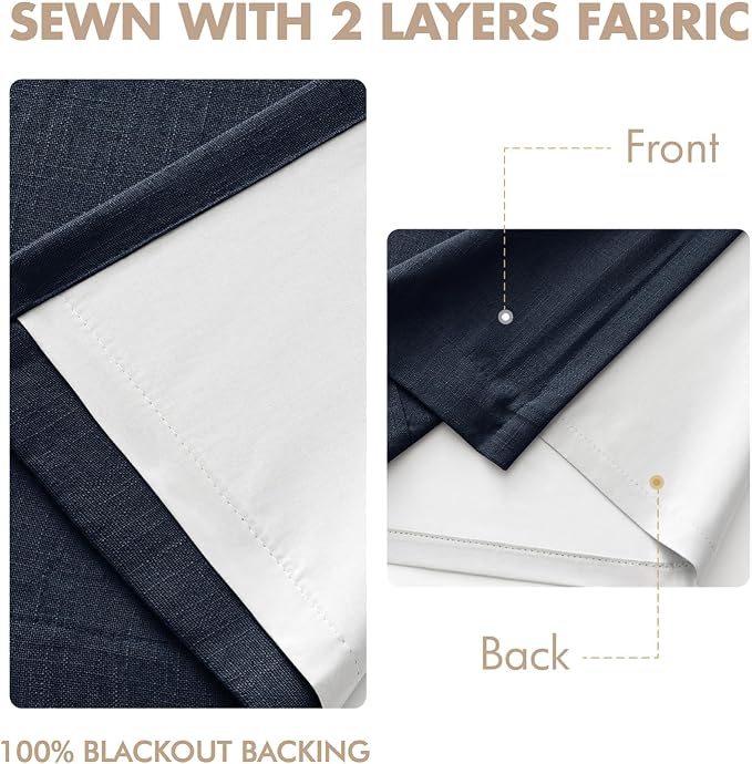 MIULEE Navy Blue Pinch Pleated 100% Blackout Linen Curtains 40x84 Inches | Room - Image 5