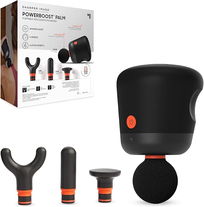 Sharper Image® Powerboost® Palm Portable Percussion Massager - 4 Attachments, 4 Speeds| Compact Full Body Back & Shoulder Mini Massage Gun| Deep Tissue Muscle Soreness Recovery| Wellness Gift