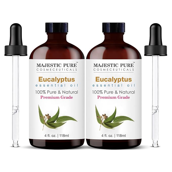 Majestic Pure Eucalyptus Essential Oil with Glass Dropper - 4 Fl Oz Pack of 2-100% Pure and Natural Eucalyptus Oil - Premium Grade Essential Oils for Diffuser, Aromatherapy, Soap and Candle Making