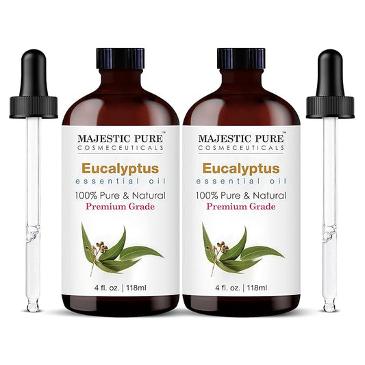 Majestic Pure Eucalyptus Essential Oil with Glass Dropper - 4 Fl Oz Pack of 2-100% Pure and Natural Eucalyptus Oil - Premium Grade Essential Oils for Diffuser, Aromatherapy, Soap and Candle Making