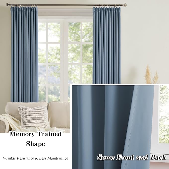 Dusty Blue Pinch Pleated Curtains 132 Inches Long Room Darkening Draperies - Image 6