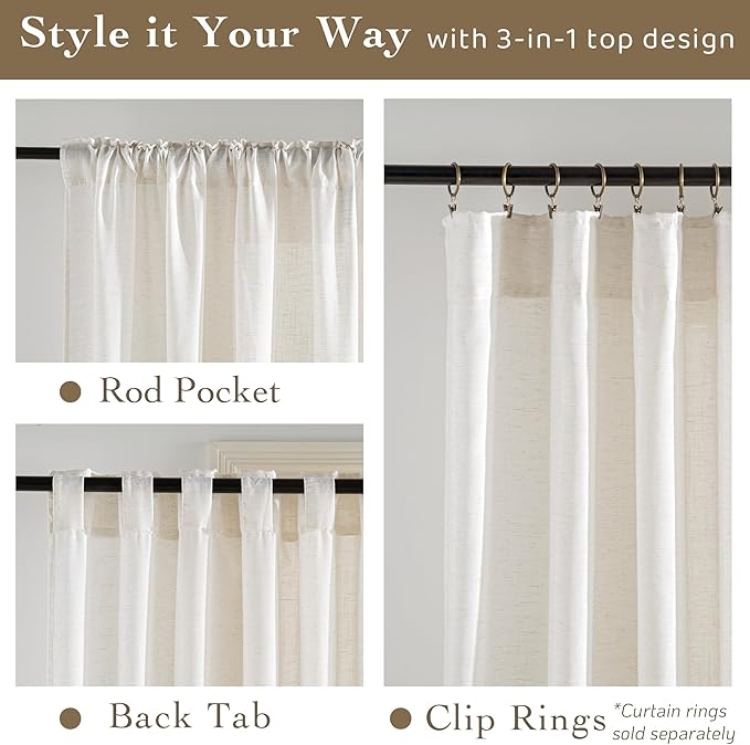 RYB HOME Sheer Curtains 102 inches, Extra Long Floor to Ceiling Curtains | Half - Image 2