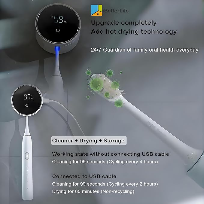 Toothbrush Holders Cleaner & Dryer for Bathroom - Mirror Wall Mounted [Rechargeable, Auto Sensor Open/Close Lid, LED Smart Screen] Adhesive Electric Tooth Brush Razor Holder with Cover for Home Travel