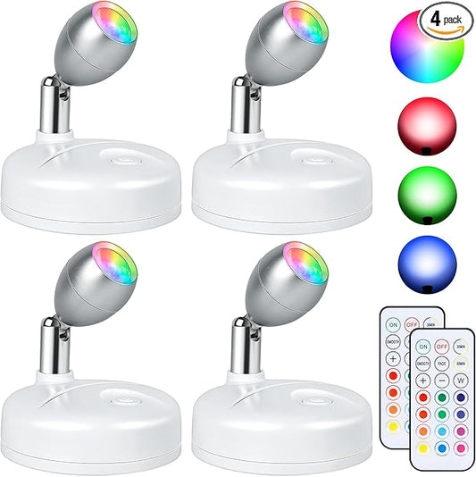 4 Pack Battery Operated Spot Lights Indoor, 13 Color Plant Uplighting Decor, Wall Lights for Pictures, Display for Tree Artwork Bookshelf