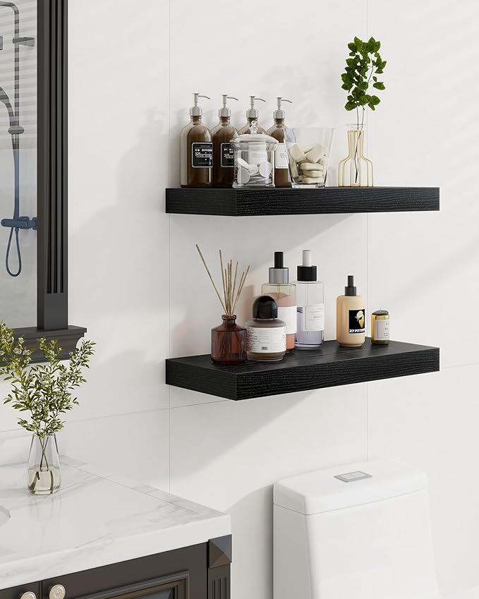 Marsmiles 36" Floating Shelves for Wall, Wooden Shelves with Invisible Brackets Set of 2, Rustic Farmhouse Wall Mounted Shelf for Kitchen Bathroom Living Room Study, Black