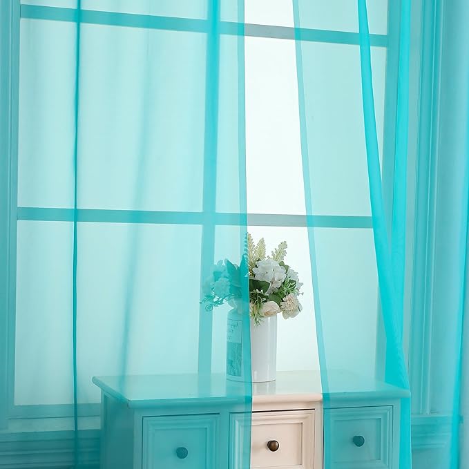 OVZME Turquoise Sheer Curtains 90 Inches Long 2 Panels - Image 2