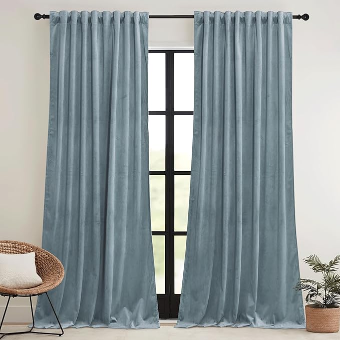 RYB HOME Stone Blue Velvet Curtains 102 inches - Image 2