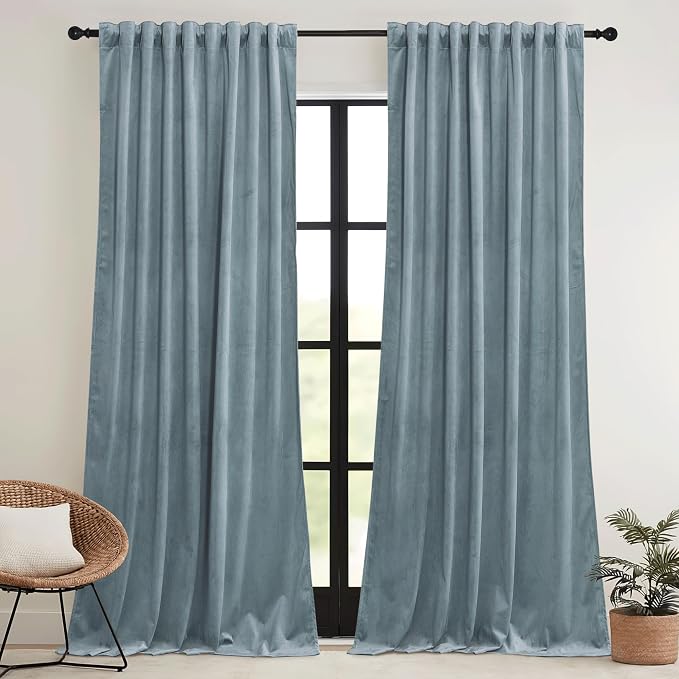 RYB HOME Stone Blue Velvet Curtains 84 inches- Blackout Curtains - Image 2