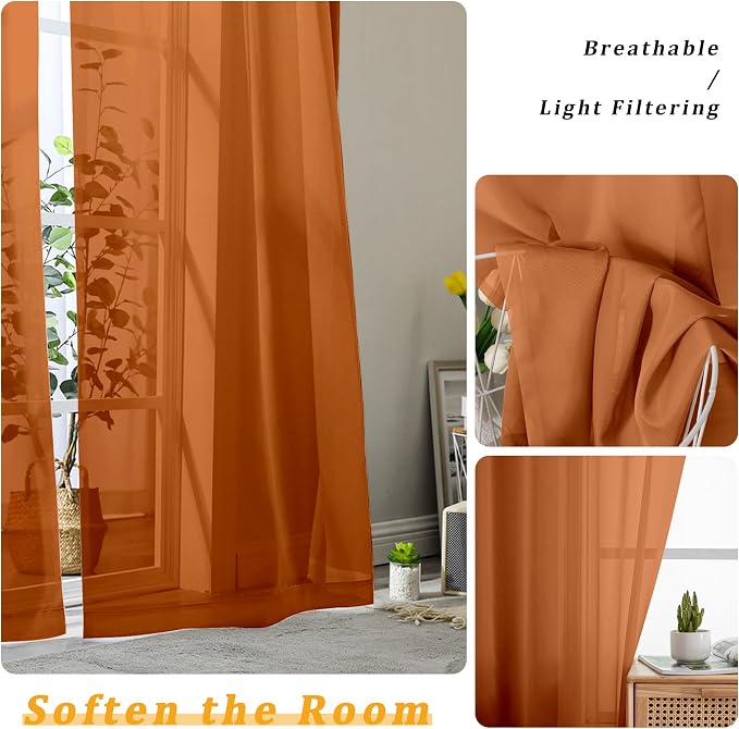 Gwine Burnt Orange Fall Sheer Curtains 96 Inches Long 2 Panels, Elegant Window - Image 4