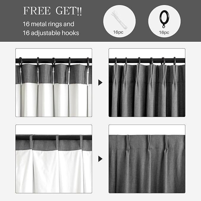 Pinch Pleated Linen Curtains 100% Blackout 63 Inches Long - Image 3