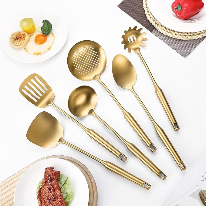 304 Stainless Steel Cooking Utensil,Kitchen Kitchen Utensil with Spatula, Solid Spoon, Ladle, Skimmer, Spaghetti Spoon, 6 Piece Set, Dishwasher Safe(Gold)