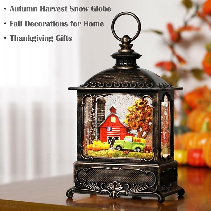 Fall Snow Globe Lantern Fall Decorations for Home Thanksgiving Gifts Autumn Harvest Fall Decor Swirling Glitter Snow Globes Barn Truck Pumpkin Farm