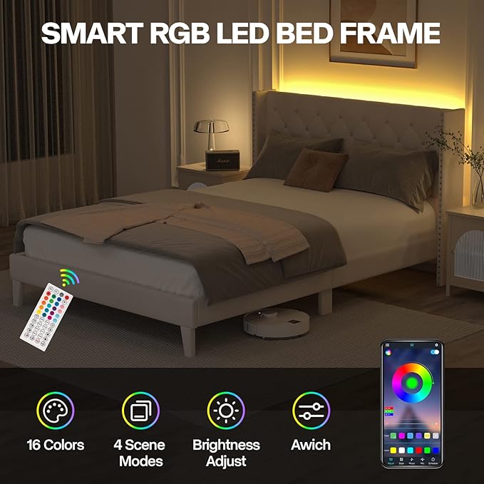 Full Size Bed Frame with Wingback Headboard, Upholstered Platform Bed Frame with Diamond Tufted Headboard & Lights, Wood Slat, Easy Assembly, Noise-Free, No Box Spring Needed, Beige