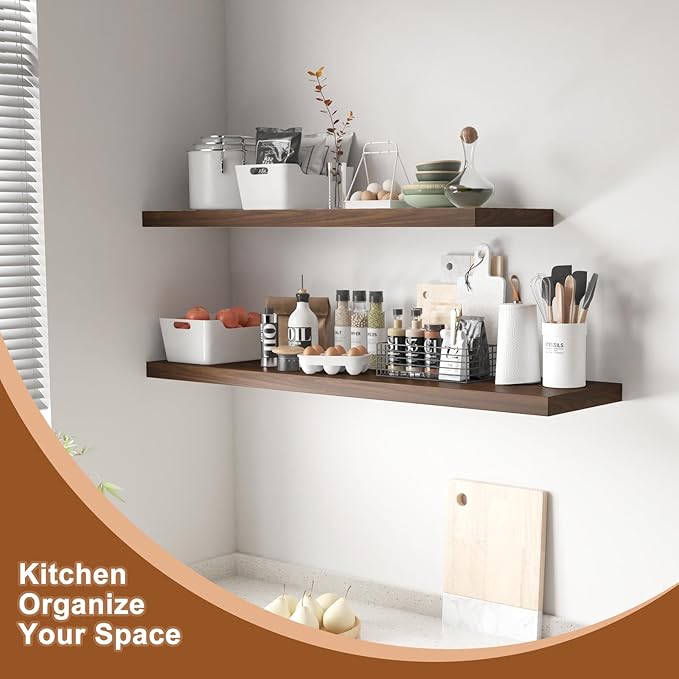 48 Inch Floating Shelf 2 Pack Large Floating Shelves for Wall No Drilling Accessories Included Deep Wall Shelves for Living Room Kitchen Farmhouse 48" W x 12" D x 1.2" Walnut