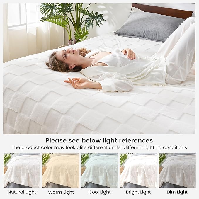 Cozy Bliss Checkered White Large Faux Rabbit Fur California King Size Bed Blanket, Soft Fuzzy Fluffy Minky Cream Furry Blankets for Couch, Bed (90 * 108 Inches Ivory)