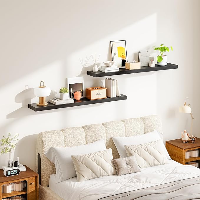 HOOBRO Floating Shelves for Wall, Wall Mounted Shelf Set of 2, 47.2" Hanging Shelf with Invisible Brackets, for Wall in Bathroom, Bedroom, Toilet, Kitchen, Living Room, Office, Black BK120BJP201