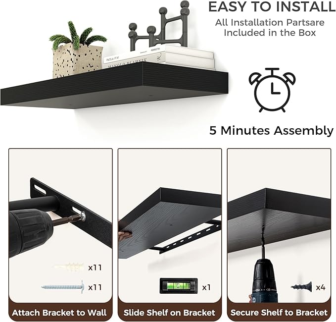 Floating Shelves for Wall, Large Wall Mounted Shelves with Invisible Brackets, Long Wood Floating Shelf Shelves for Living Room, Bedroom, Kitchen, (Black, 55" W x 9" D x 1.5" H)