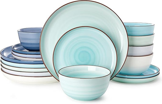 Sweese Plates and Bowls Sets, 18 Piece Dinnerware Set Porcelain Round Dinner Set for 6, Scratch Resistant Dishes Set, Dishwasher and Oven Microwave Safe Handpainted Swirl Dishware Sets, Assorted Blue