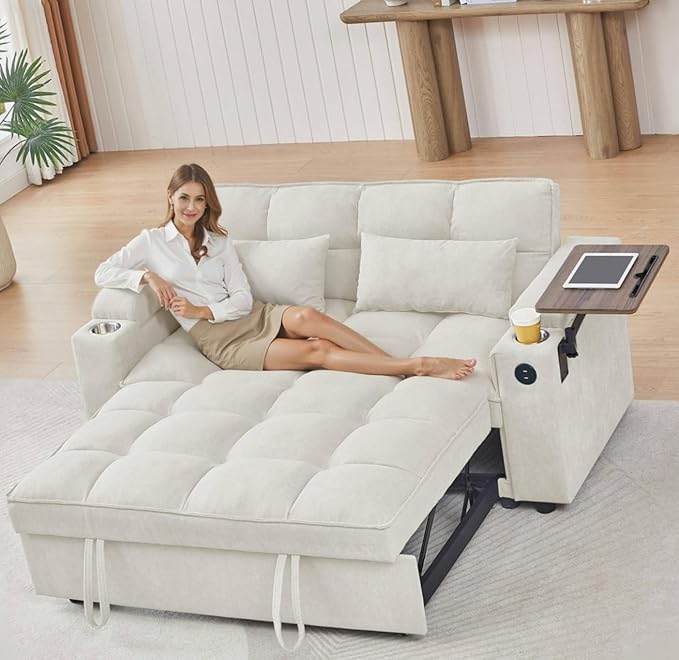 65''Convertible Sleeper Sofa Bed,3-in-1 Pull Out Couch Bed with 360 Degree rotatable Side Table and USB Ports for Living Room,RV (07beige)