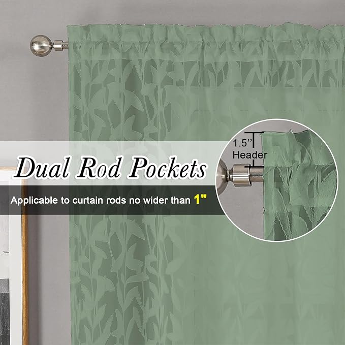 Lecloud Leia Sage Green Sheer Curtains 84 Inches Long 2 Panels, Airy Voile - Image 4