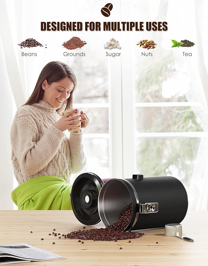 HAIOOU Airtight Coffee Canister, 22OZ Large Stainless Steel Coffee Bean Storage Container with Date Tracker, Measuring Scoop, 6Pcs CO2 Valves and Mini Tongs for Beans, Grounds, Sugar and more - Black