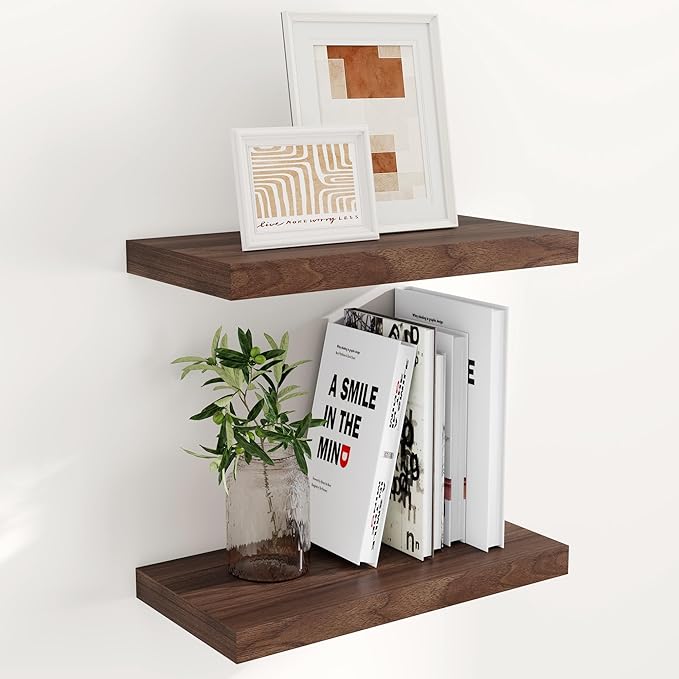Fun Memories 16 Floating Shelves for Wall, 9 Inch Deep Floating Shelf for Bathroom, Rustic 16 x 9 Floating Shelf for Kitchen, Bedroom, Wide Wooden Shelves Wall Mounted, Walnut Color, Set of 2