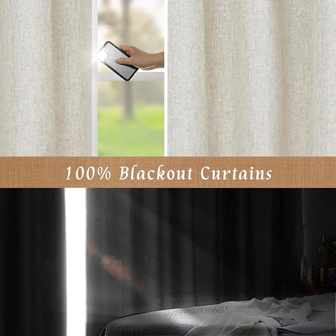 100% Blackout Linen Curtains for Bedroom 45 Inches 2 Panels, Stone | Linen - Image 3