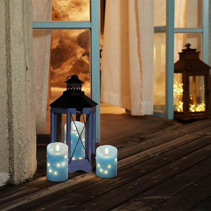 Homemory Flameless Candles with String Lights, 3 Pack Embedded Fairy String Lights LED Candles, Electric Flickering Candles with Remote Control and Timer, Real Wax, Blue