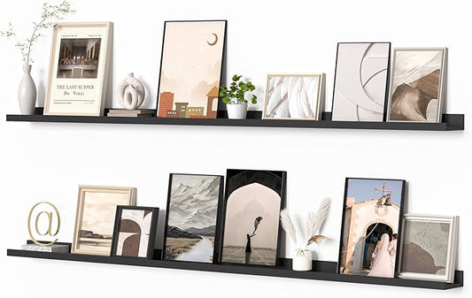 Heimlove Picture Ledge Shelf, Floating Shelves Set of 2, 72 Inches Long Large Picture Shelf for Wall with Ledge, Kids Bookshelf Wall Mounted for Living Room Bedroom Decor Books Photo Frames, Black